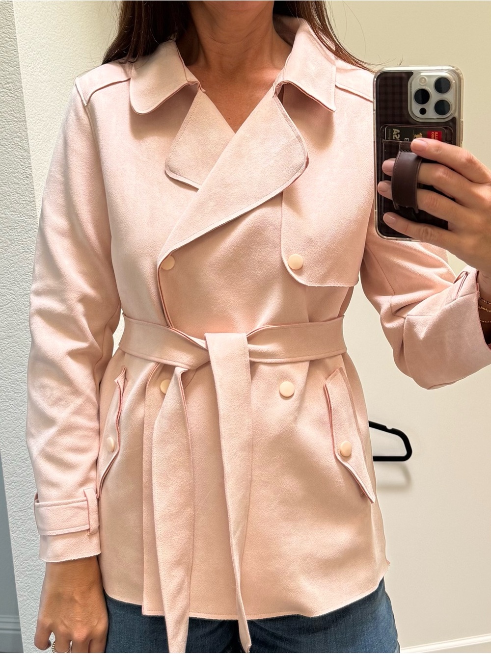 BLVD Light Pink Double-Breasted Belted Trench Coat